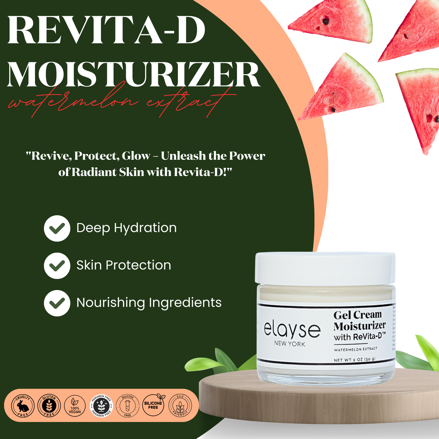 Elayse Premium ReVita-D™ Gel Cream Moisturizer - Multi-Benefit Anti-Aging Formula, Hydrating & Firming, Reduces Fine Lines & Wrinkles, Lightweight & Fast-Absorbing - 2oz