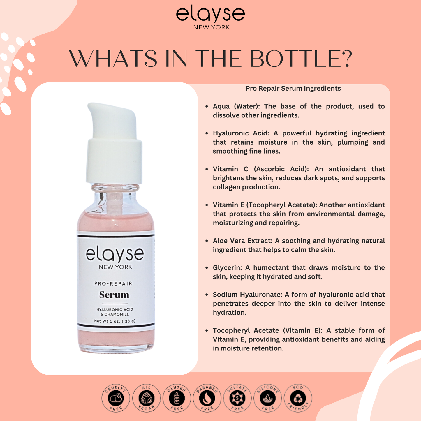 Elayse Pro Repair Serum - Intensive Skin Repair & Renewal, Anti-Aging Formula with Peptides & Hyaluronic Acid, Reduces Wrinkles & Fine Lines, Hydrating & Firming - 1oz