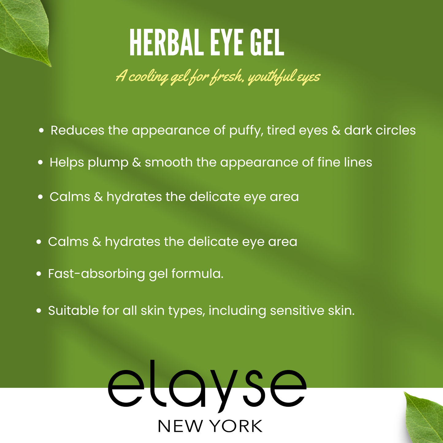 Elayse Cucumber Herbal Eye Gel - Cooling and Hydrating Formula with Cucumber Extract, Reduces Puffiness & Dark Circles, Lightweight Eye Treatment for All Skin Types - 1oz