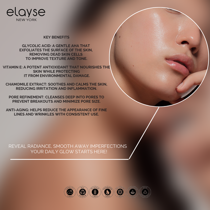 Elayse Premium Glycolic Cleanser - Refreshing and Smoothing Formula, Deep Exfoliating Face Wash, Reduces Fine Lines & Uneven Texture, Brightens & Hydrates Skin - 8oz