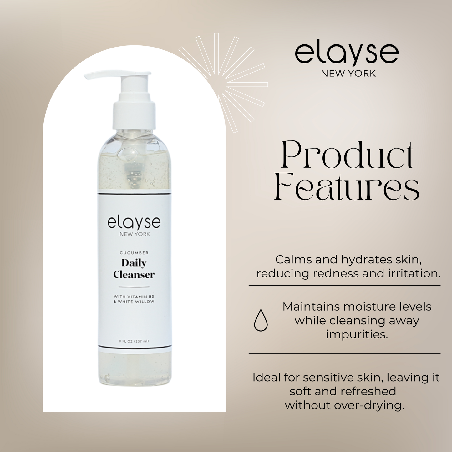 Elayse Hydrating Cucumber Daily Cleanser - Gentle Foaming Face Wash with Botanical Extracts, Purifies & Balances Skin, Refreshing & Soothing Formula - 8oz