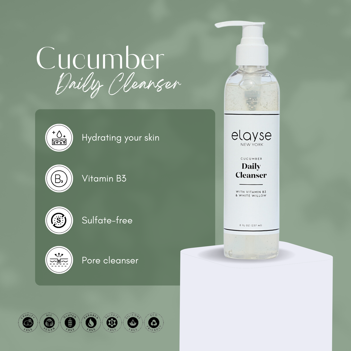 Elayse Hydrating Cucumber Daily Cleanser - Gentle Foaming Face Wash with Botanical Extracts, Purifies & Balances Skin, Refreshing & Soothing Formula - 8oz